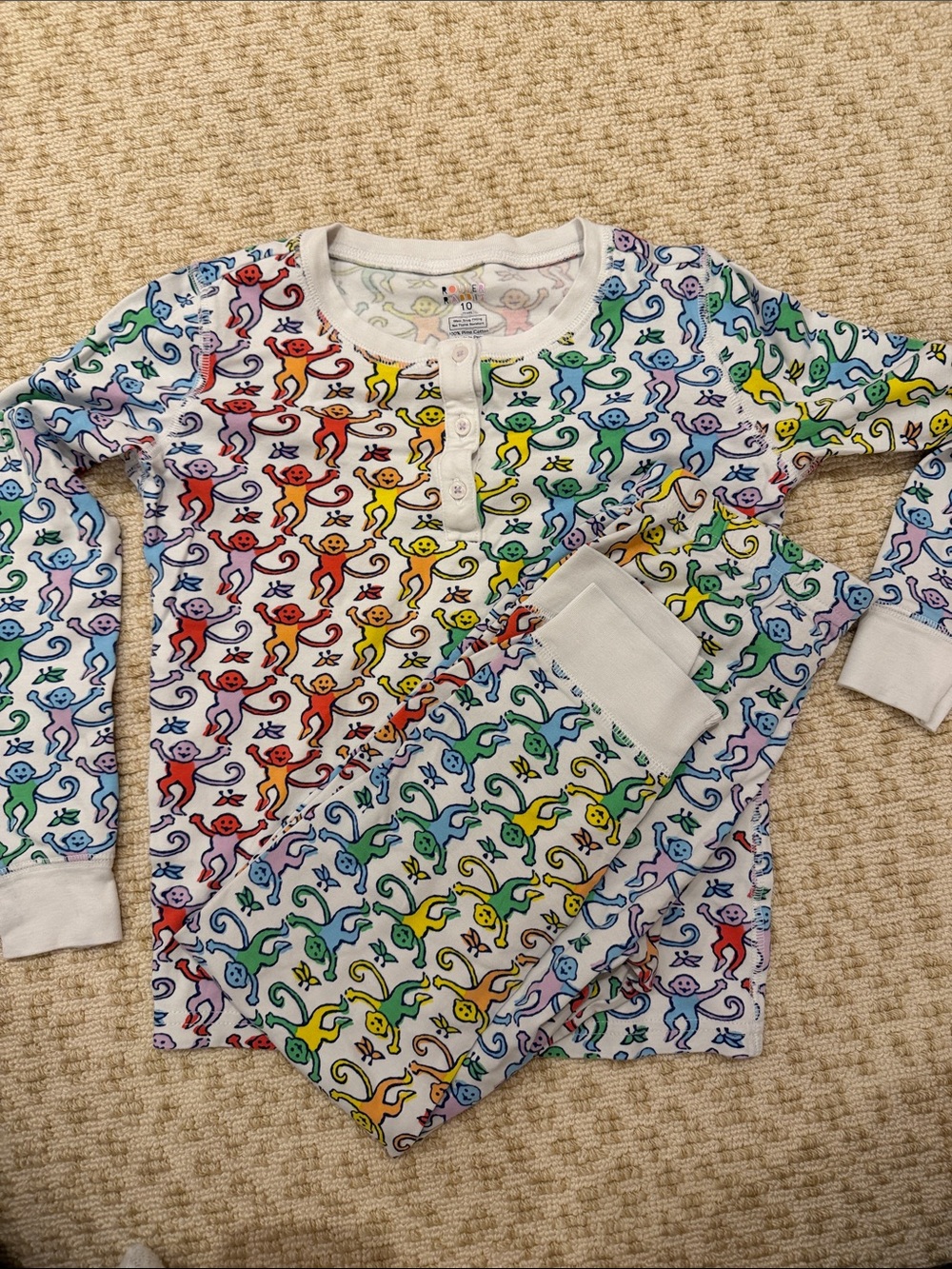 ROBERTA ROLLER RABBITKids White Pajama Set with Rainbow Monkey Print